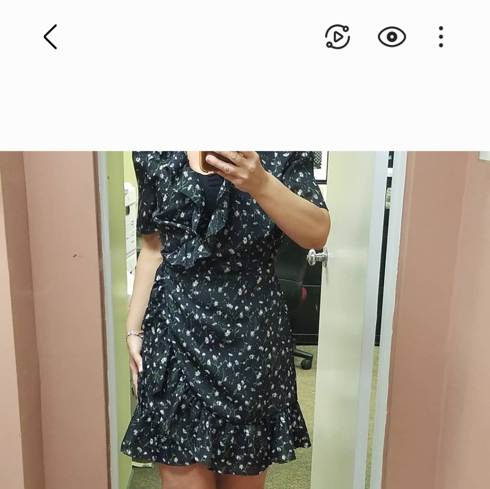 Floral Black Dress A True Wrap By Re-named. Womens Large. Excellent Condition